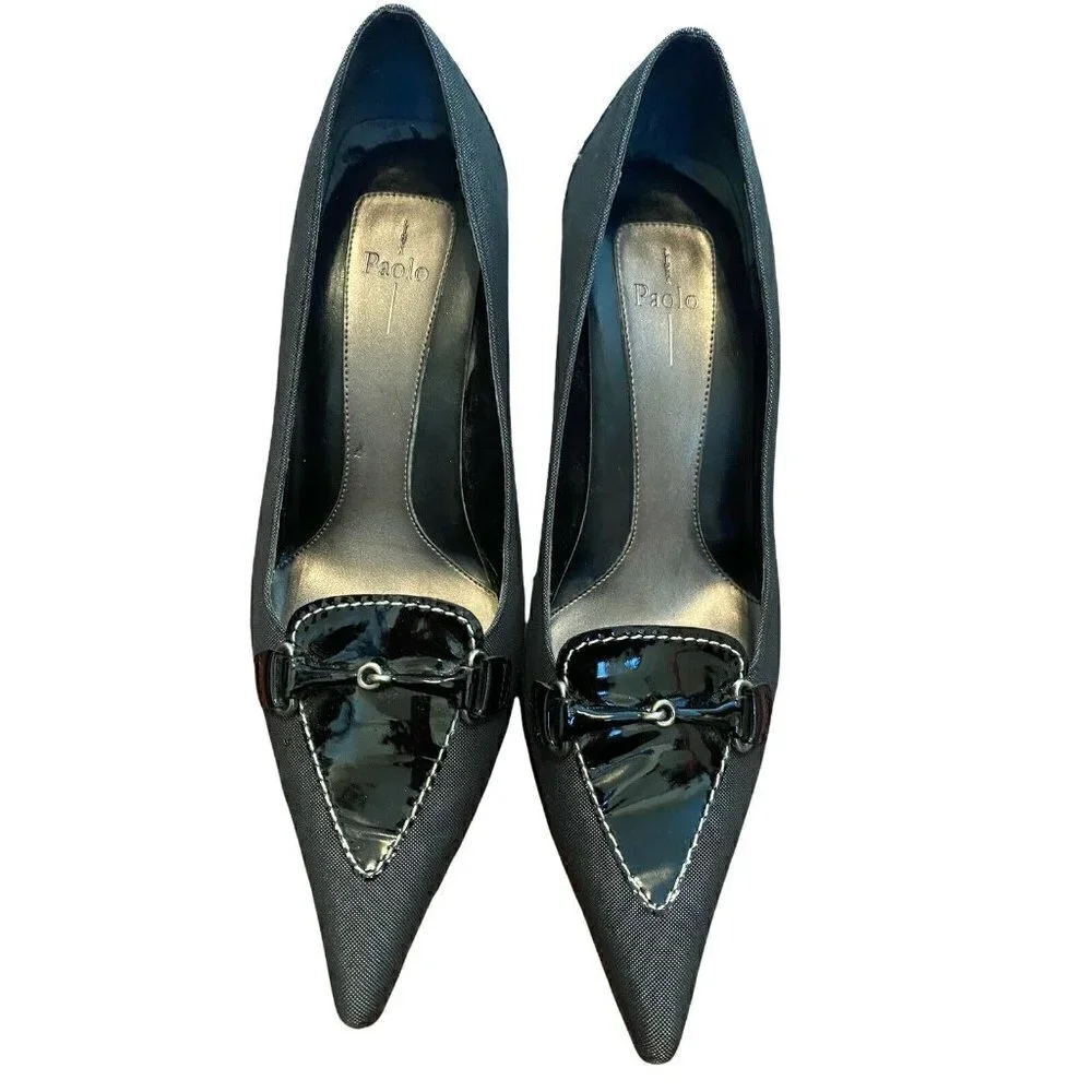 Linea Paolo Sz 9.5 Black Fabric Leather‎ Pointy Toe Women’s Pumps Heels